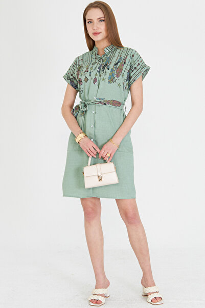 armonika Kadın Yeşil Hakim Yaka Kısa Kollu Beli Kuşaklı Gömlek Elbise ARM-25Y001054
