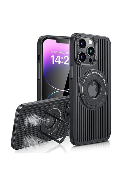 REDz Accessories Carcasă Cooler Ring, Magsafe, inel de susținere, compatibilă cu iPhone 15 Pro, decupaj cu logo, neagră