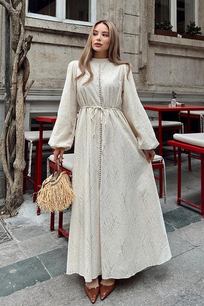Olcay Guipure-Kleid mit Knöpfen und Brit-Accessoires BEIGE 9297-E