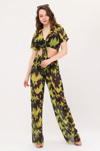 Bolder Nico Set Black Green Tie Dye Pattern Beach Pants Crop Set