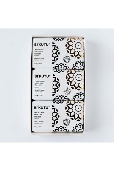 BiKutu صابون زيت الزيتون للحمام التركي التقليدي الطبيعي المصنوع يدويًا، صندوق مكون من 3 قطع
