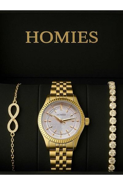 Homies Women's Wristwatch Set – Gold Watch + Rhinestone Infinity Bracelet + Waterway Bracelet – Gift Boxed