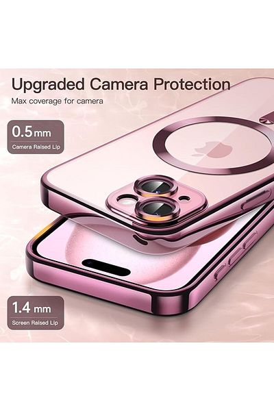 REDz Accessories Husă Luxe Armor, Magsafe, compatibilă cu iPhone 15, protecție cameră, silicon, transparentă, roz