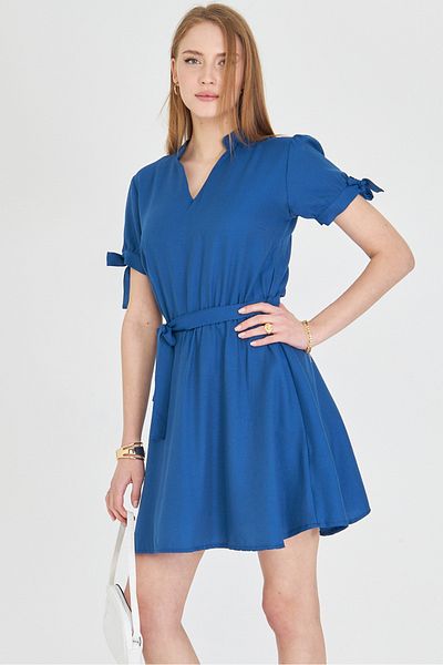 armonika Rochie scurtă pentru femei, albastru închis, cu mâneci cu guler, cu talie elastică, cu centură ARM-23Y 001088