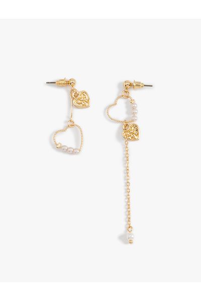 Koton Pearl Detailed Chain Dangle Heart Asymmetric Earrings