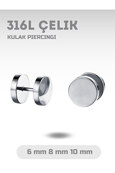 Kulakta Tünel Efektli Medikal Çelik Küpeler (Siyah/Gümüş), 6/8/10 mm Boyutlarında