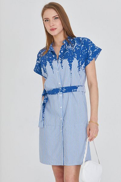 armonika Rochie cămașă cu mânecă scurtă cu guler albastru pentru femei ARM-25Y 001054