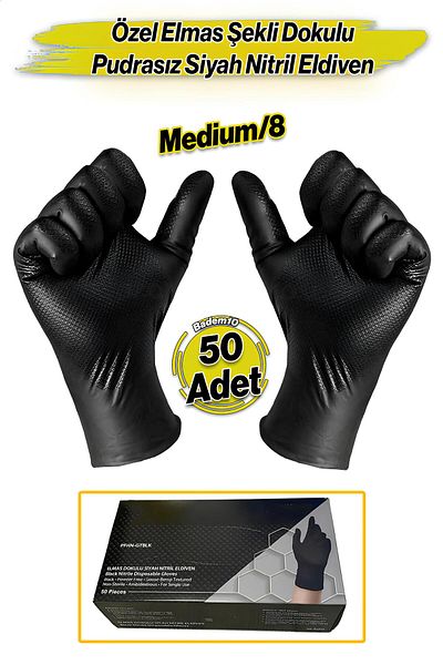 Badem10 Size m 50 Pieces Diamond Textured 25 Pairs Black Thick Hygienic Powder-Free Nitrile Exam Gloves