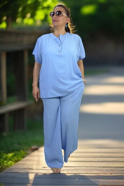 yagmurberen BLUZĂ CU GULER DOMINANT CU JUMĂTATE DE BUTON ÎN FATA PANTALONI CU TALIE ELASTICĂ ȚESĂTĂ SEERSERI MĂRIMEA MARE COSTUME DUBLĂ