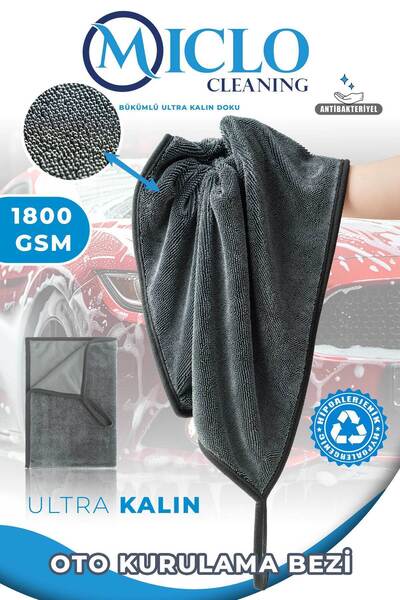 MICLO CLEANING Kirpi Bez | 1800gsm Profesyonel Oto Kurulama Bezi | Bükümlü Iplik Ultra Kalın Doku