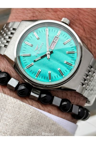 FERRO Silver Color Steel Cord with 2 Language Options Calendar with Men's Wristwatch Bracelet Gift in Special Box