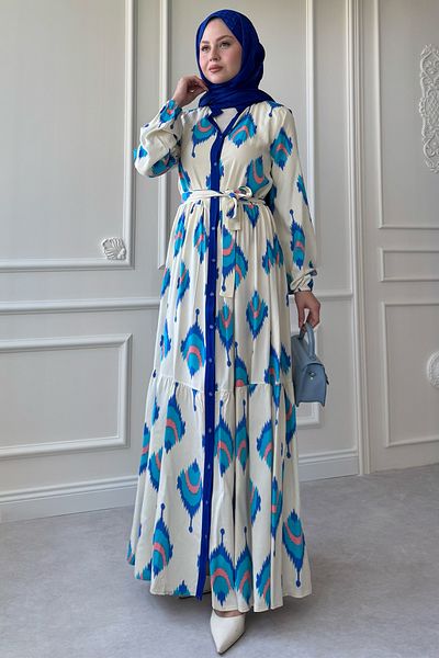 InStyle İkat Pattern Saks Blue Viscose Dress