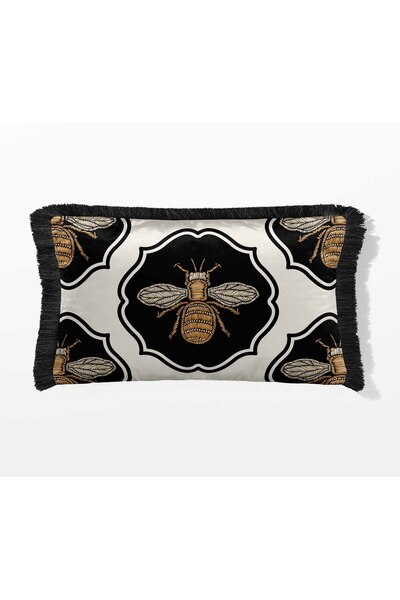 Pilloveland Dikdörtgen Saçaklı Çift Tarafı Baskılı Süet Kırlent Kılıfı - Arı