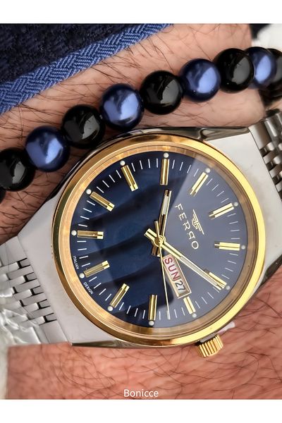 FERRO Yellow Navy Blue,Steel Cord,With 2 Language Options Calendar,Men's Wristwatch Bracelet in Special Box Gift