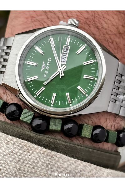 FERRO Silver Green, Steel Cord, with 2 Language Options Calendar, Men's Wristwatch Bracelet in Special Box Gift