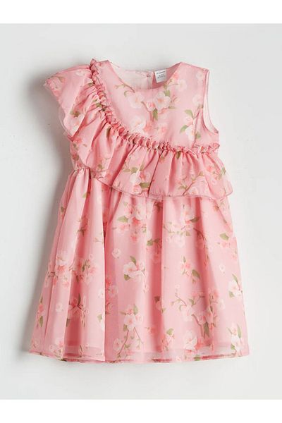 LC Waikiki Lcw Kids Pink Crew Neck Floral Girls Chiffon Dress