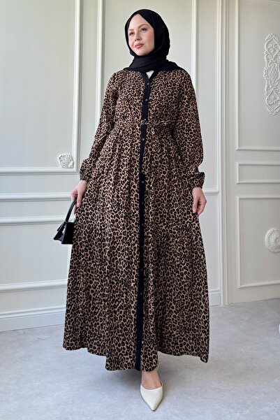 InStyle Buttoned Leopard Pattern Viscose Black Dress