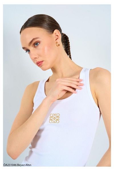 My Blog White - Gold Square Embroidery Tank Top - 231006