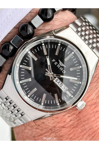 FERRO Silver Black,Steel Cord,With 2 Language Options with Calendar, Men's Wristwatch Bracelet in Special Box Gift