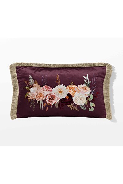 Pilloveland Dikdörtgen Saçaklı Çift Tarafı Baskılı Süet Kırlent Kılıfı - Dahlia