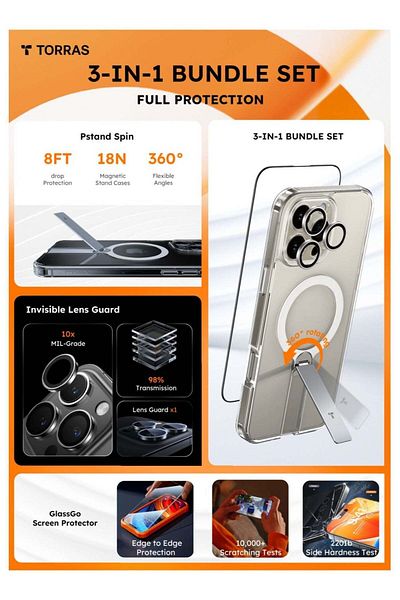 TORRAS 3-In-1 Bundle: 360° Stand Magnetic Case + Screen Protector + Lens Cover For iPhone 16 Pro Max Clear