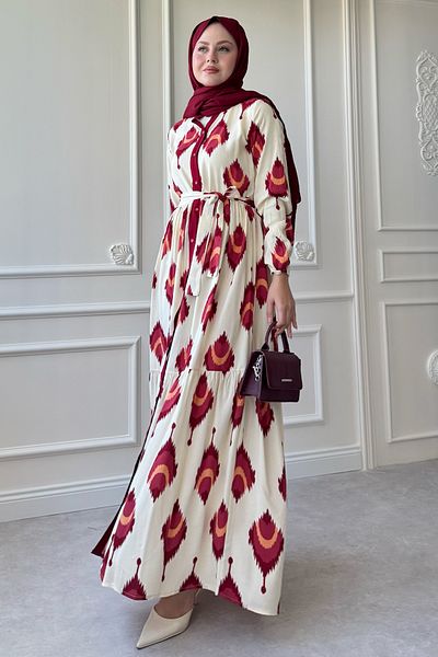 InStyle Rochie din viscoză burgundă cu model İkat