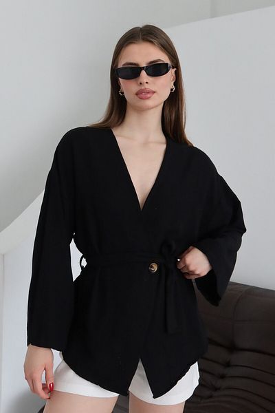 Laluvia Schwarzer Leinen-Kimono aus 100 % Baumwolle mit Knopfdetail und Gürtel – 005