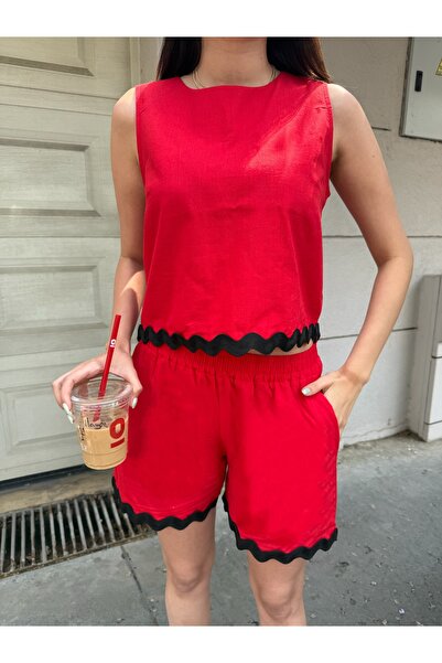 LE CARAMBOLE Women's Red Hem Detailed Linen Blouse Shorts Double Bottom Top Set