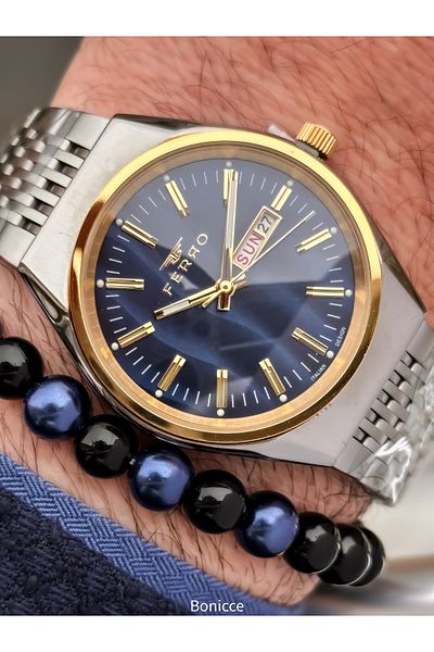 FERRO Yellow Navy Blue,Steel Cord,With 2 Language Options Calendar,Men's Wristwatch Bracelet in Special Box Gift