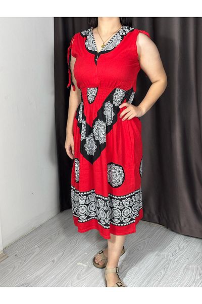 Sobe Hediyelik Ethnic Patterned Viscose Sleeveless Summer Dress – Elastic Waist, Low Back, Comfortable Fit