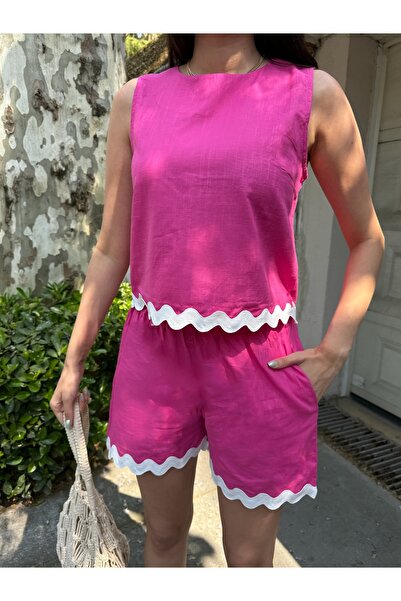LE CARAMBOLE Women's Fuchsia Hem Detailed Linen Blouse Shorts Double Bottom Top Set