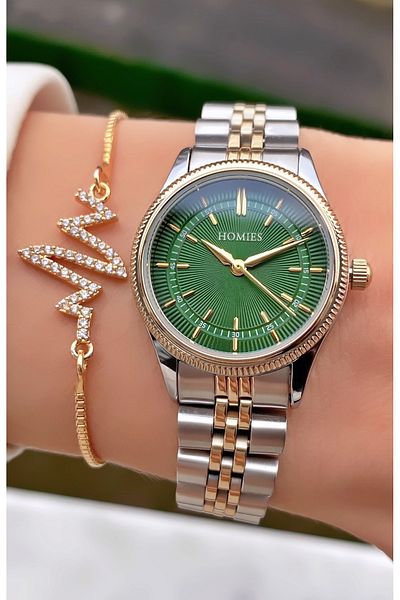 Homies Women's Watch Set with Green Dial Steel Bracelet - Infinity & Watercourse Stone Bracelet