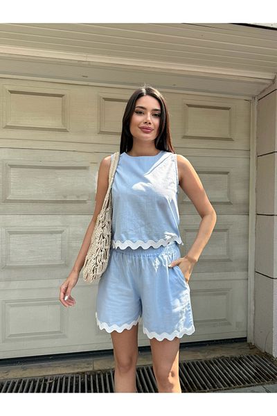 LE CARAMBOLE Women's Blue Hem Detailed Linen Blouse Shorts Double Bottom Top Set