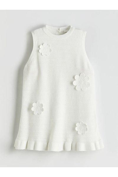LC Waikiki Lcw Kids Ecru Crew Neck Flower Appliqued Girl's Dress