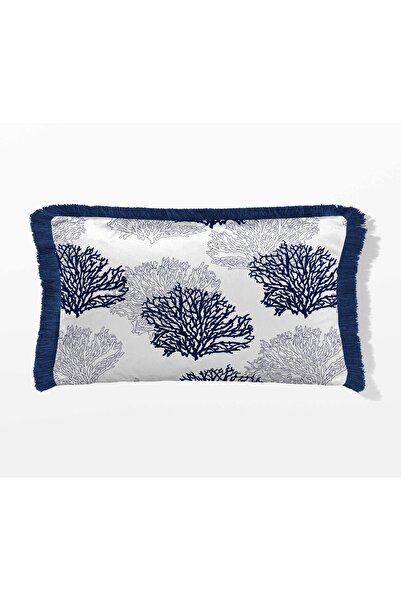 Pilloveland Dikdörtgen Saçaklı Çift Tarafı Baskılı Süet Kırlent Kılıfı - Marine Mercan