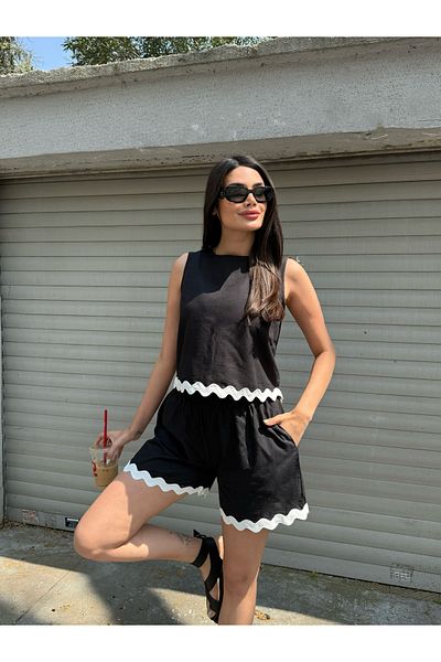 LE CARAMBOLE Women's Black Hem Detailed Linen Blouse Shorts Double Bottom Top Set