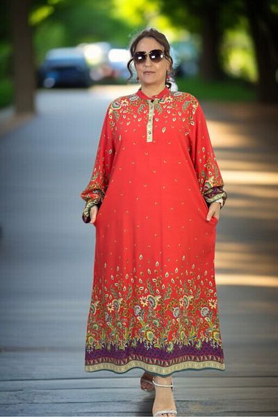 yagmurberen Dominant Collar Ballon Sleeve Pocket Etnic Printed Large Size Cotton Viscose Large Size Dress
