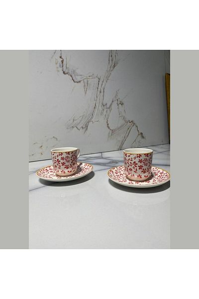 DM PORSELEN Red Flower Patterned 2-Piece Coffee Cup
