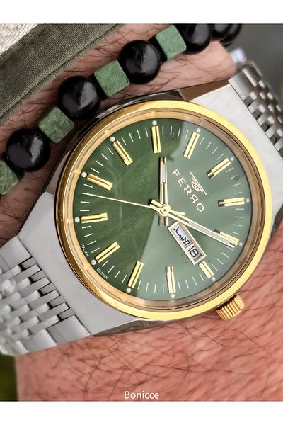 FERRO Yellow Green,Steel Cord,With 2 Language Options with Calendar,Men's Wristwatch Bracelet in Special Box Gift