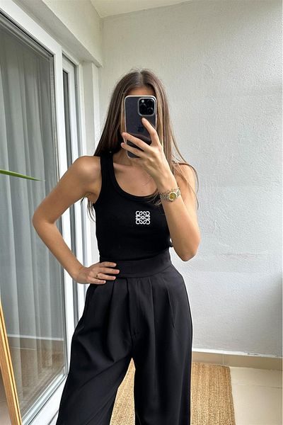 My Blog Black - White Square Embroidery Tank Top - 231006