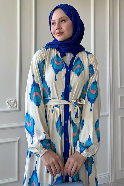 InStyle İkat Pattern Saks Blue Viscose Dress