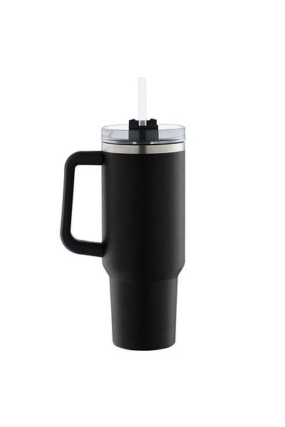 Quasar & Co. Thermos Mug With Handle And Straw, With To Go Lid, Hot/Cold Drinks, Stainless Steel, 1.2 L, Black