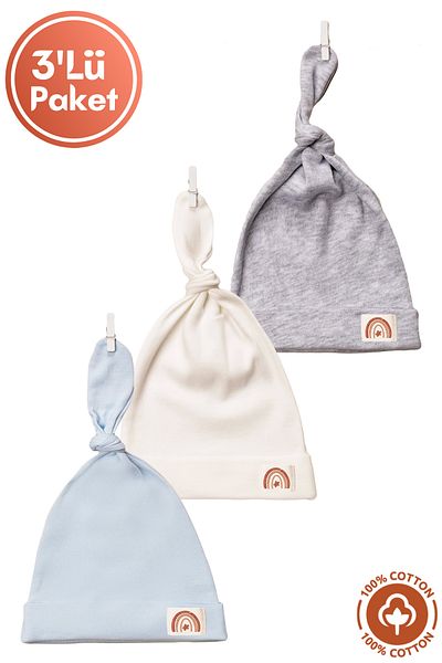 Miniel Unisex Baby Crest Detailed Laced Combed Organic Cotton Newborn 3-Piece Baby Beanie Set