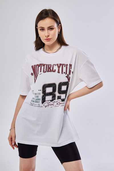 Motorcycle Baskı Desenli Kısa Kollu Organik Pamuklu Bisiklet Yaka Oversize T-shirt
