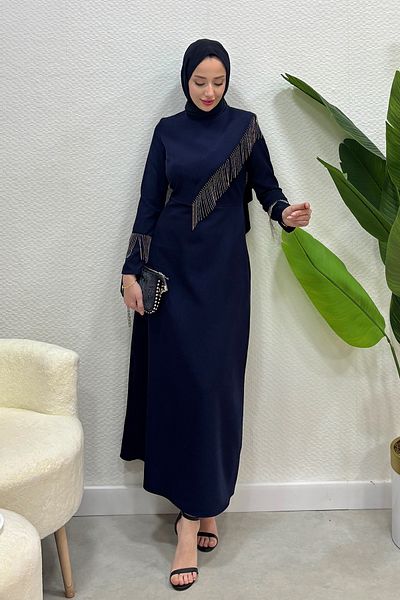 Abiye Diyarı Women's Crepe Fabric Chain Evening Dress-Navy Blue