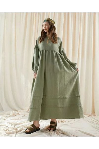 OlaLady Women's Balloon Sleeve Skirt Double Fold Muslin Casual Dress
