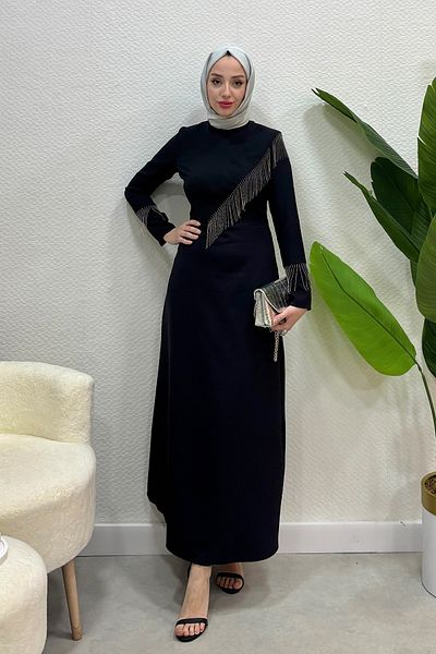 Abiye Diyarı Women's Crepe Fabric Chain Evening Dress-Black