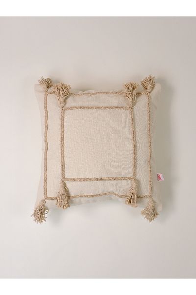 Galia Tasarım Bohemian Beige Tasseled Washed Linen Punch Throw Pillow Cover