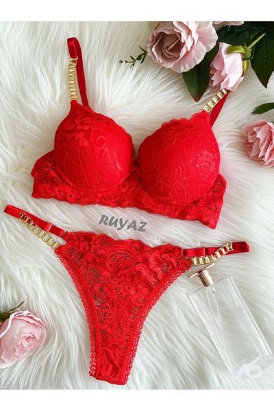 RUYAZ Red Lace and Gold Chain Detailed Padded Bra Panty Set