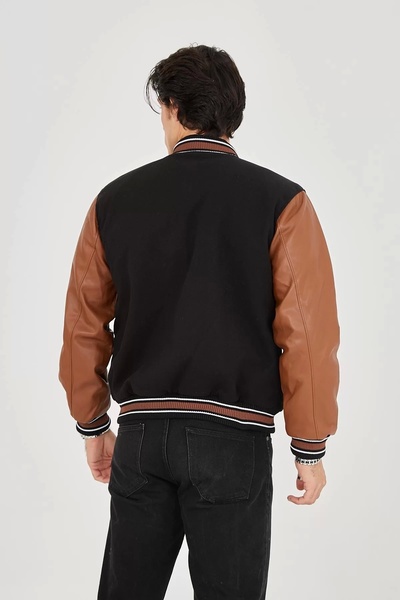 yonca aksesuar Men's Faux Leather Jacket with Internal Fiber and Lined Sleeves - Brown